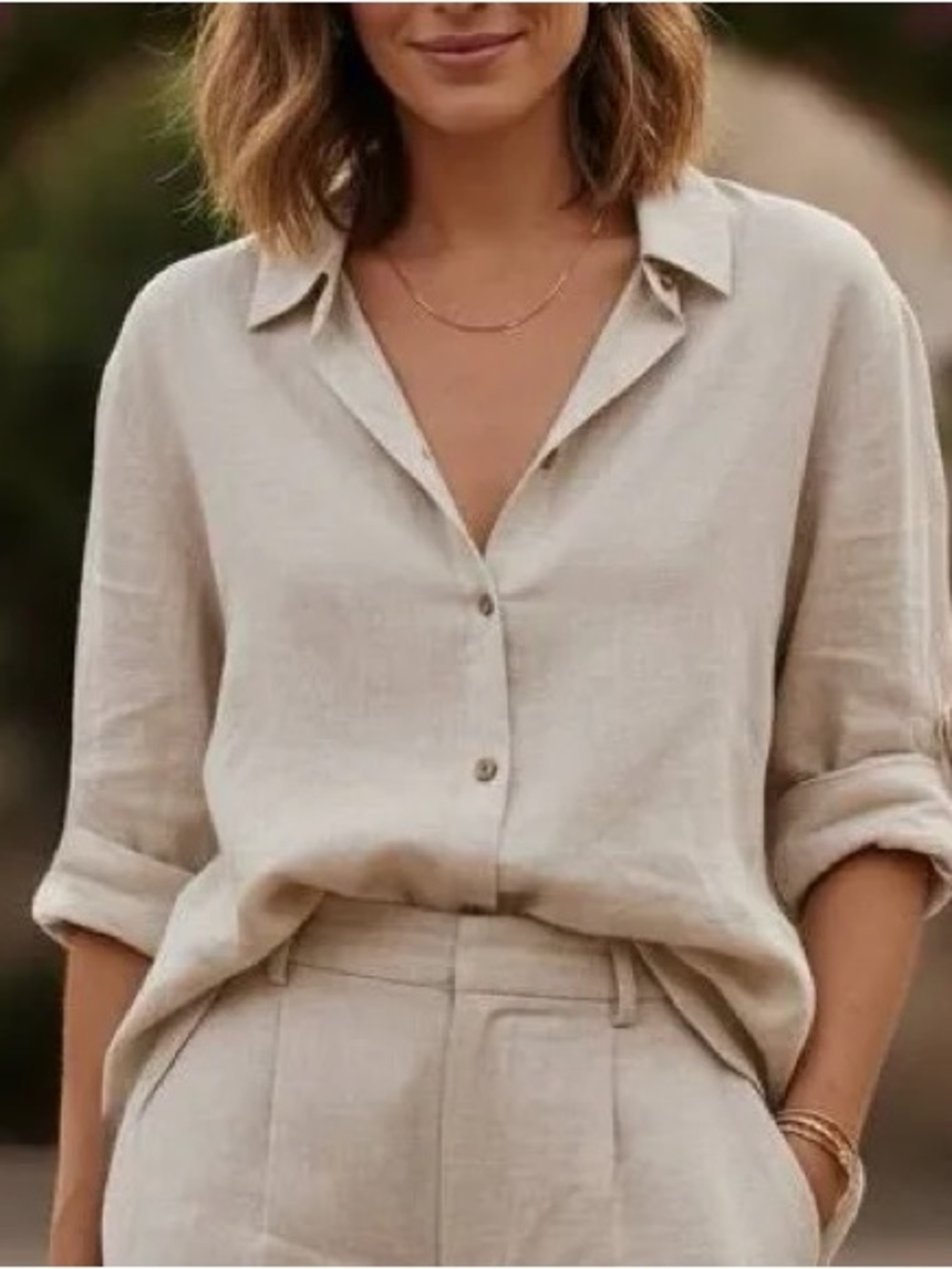Athletes Light Beige Linen Button-Front Women's Shirt medium